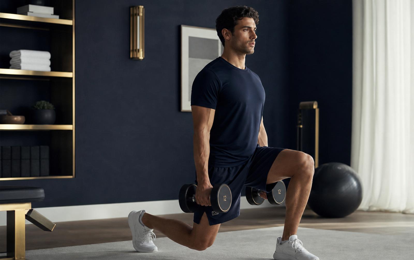 Man performing a dumbbell lunge in a quiet-luxury home gym